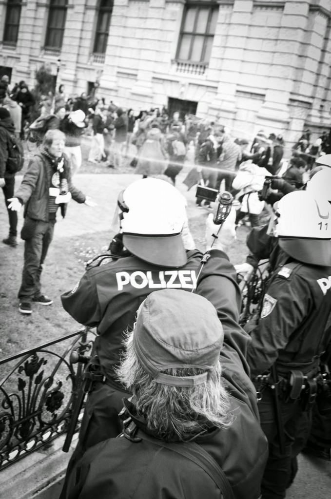 Vienna police pepperspray an anti-fascist protester in Vienna on 17 May 2014. Photo by cglanzl; CC-BY-NC 3.0