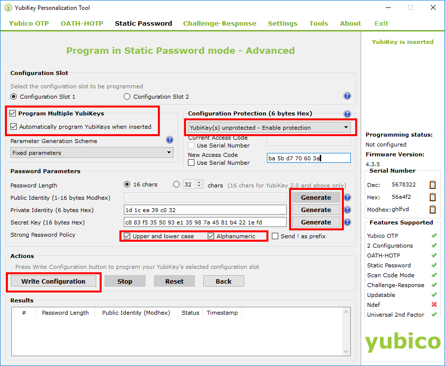 YubiKey Personalization Tool - step 2, Static Password configuration