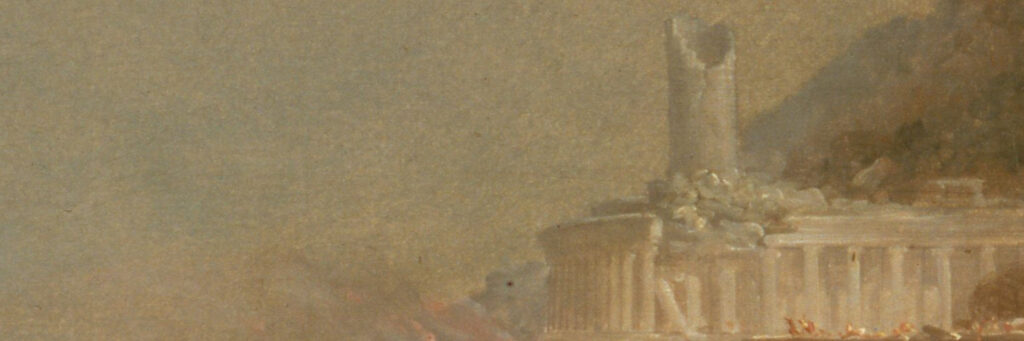 Ausschnitt des Bildes "Destruction" aus dem Zyklus "The Course of Empire" von Thomas Cole aus 1836. Der Ausschnitt zeigt eine große steinerne Säule, die in der Mitte abgebrochen ist. An ihrem Fuß liegen die Trümmer.